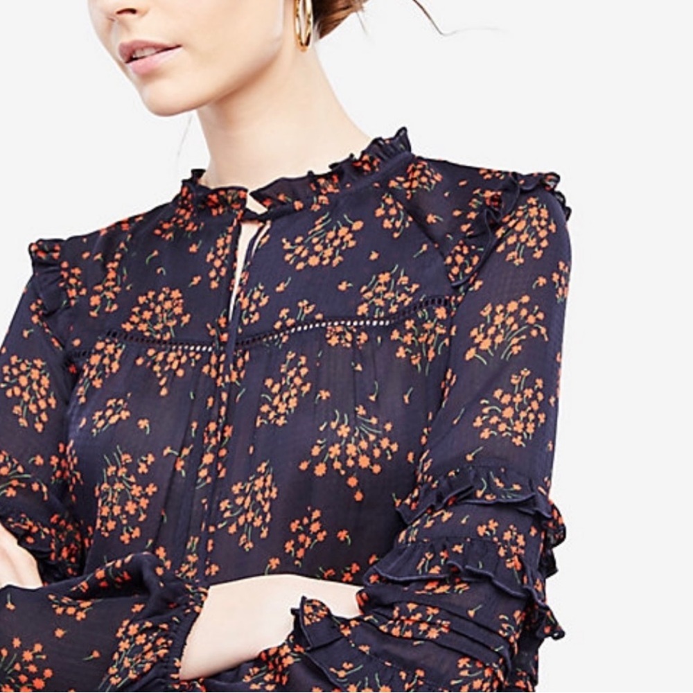 Ann Taylor Bouquet Floral Ruffle‎ Sleeve Top XS